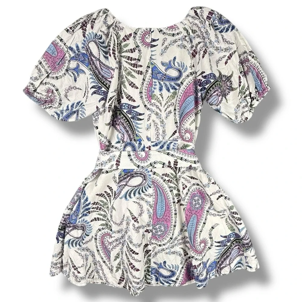 Loft Paisley Linen Blend Belted Puff Sleeve Dress Women's‎ Size 0 Lined V-Neck